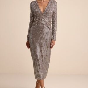 Lulus Helena Brown And Silver Sequin Long Sleeve Midi Dress - Size M